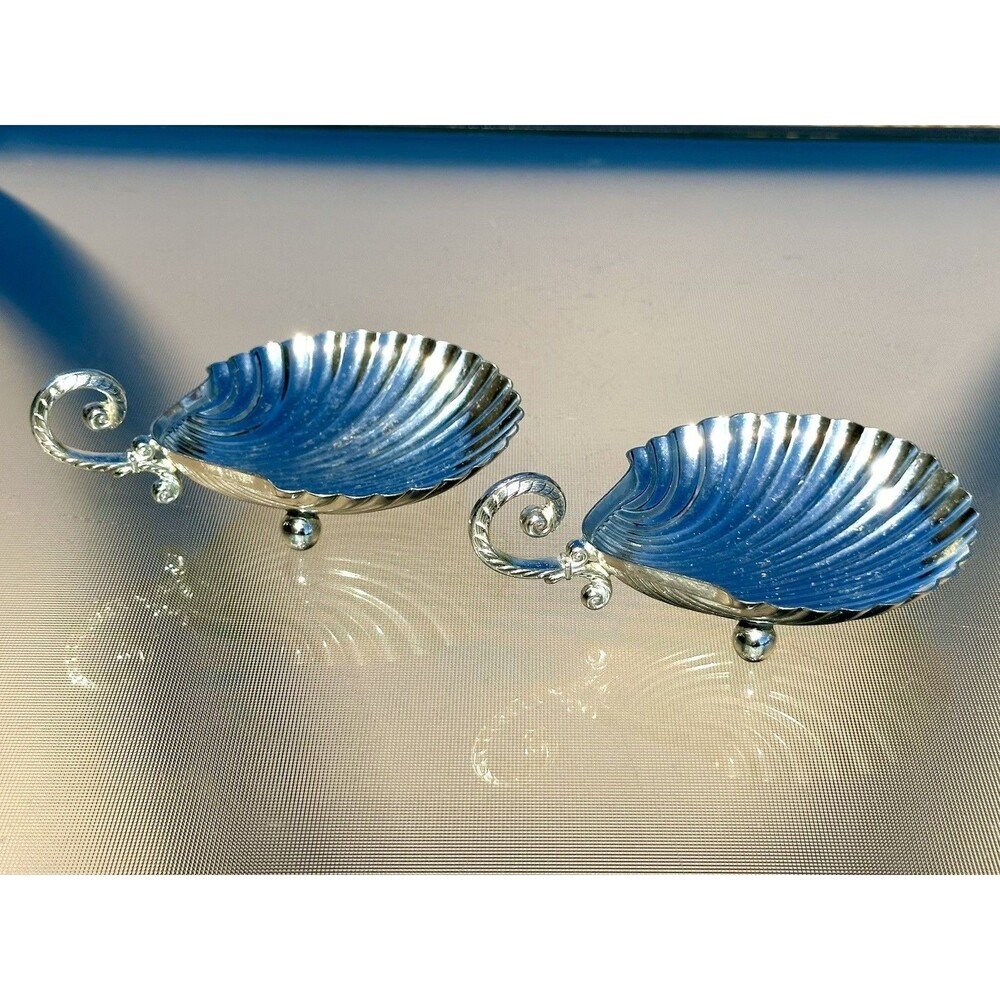 2 Vintage Silver Plated Shell Shape Footed Serving Butter Dish Handle by Eberle